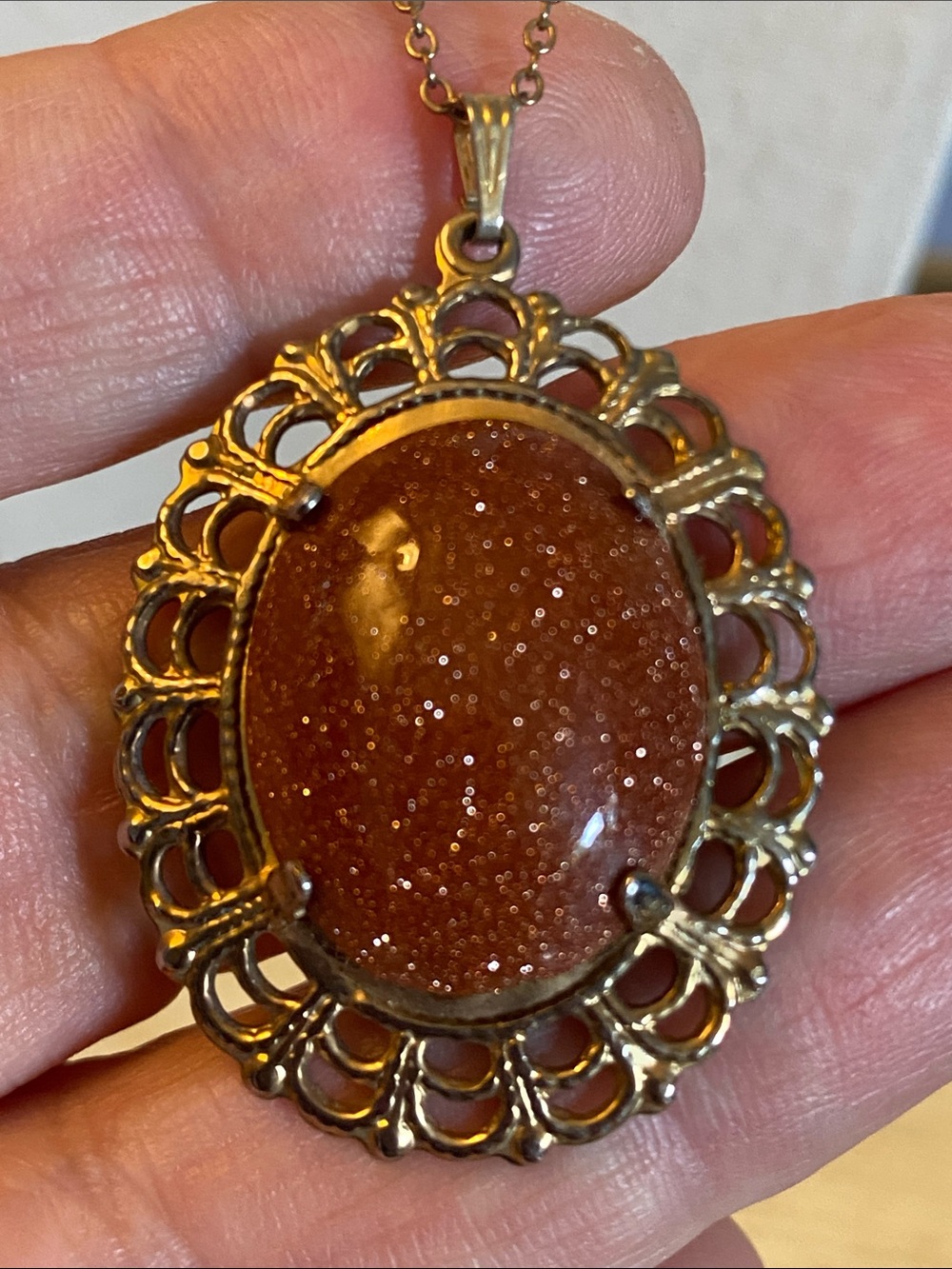 Vintage Goldstone Pendant Necklace Gold Plated Filigree 20”